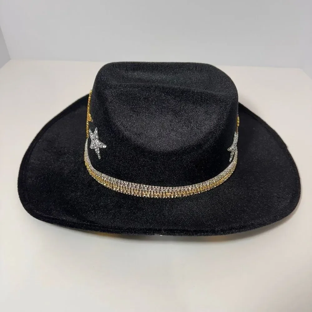 Cowgirl Hat Rhinestone-Embellished Stars Black Cowboy Hat Gold Silver | Women - Picture 3 of 14